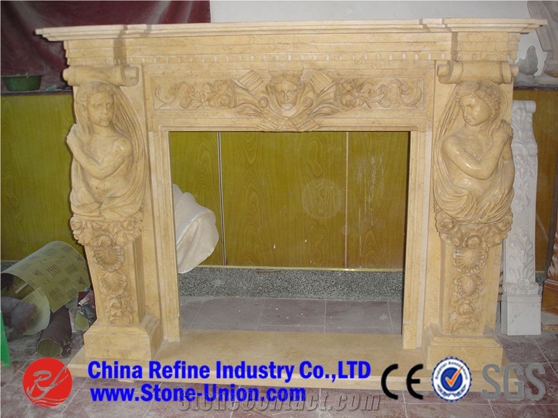 Beige Marble Fireplace, Customized Fireplace,Human-Sculptured Fireplace,Roman Style Fireplace,Angel Pattern Fireplace,Woman Pattern Frieplace