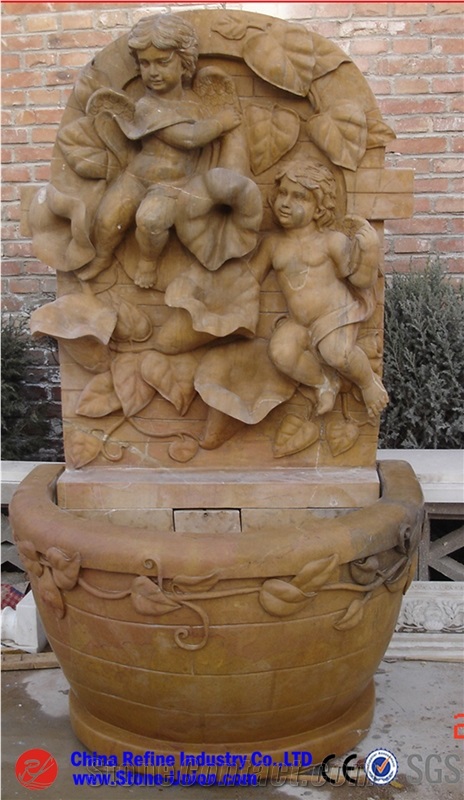 Beige Natural Travertine Beautiful Hand Carved Indoor and Outdoor Waterfall Wall Fountain Stone Decoration