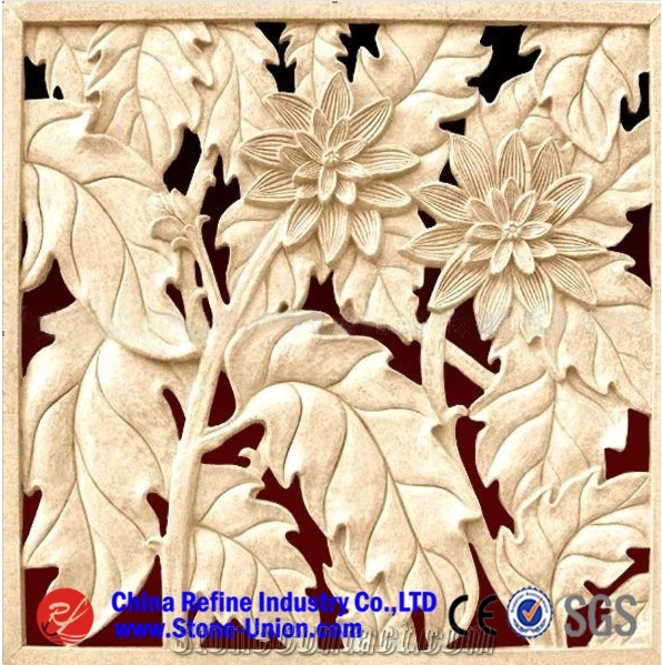 China Beige Marble Flower Relief,Engravings,Relieve,Reliefs,Wall Reliefs,Embossments