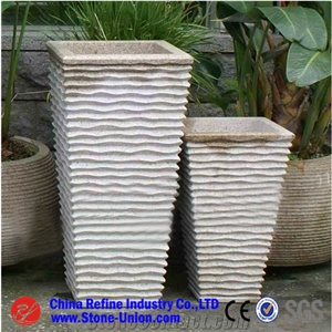 Stone Modern Outdoor Planters , Granite Planter Vase with Wave-Shaped Sides , Carving Granite Flower Stand & Garden Landscaping Flower Pots
