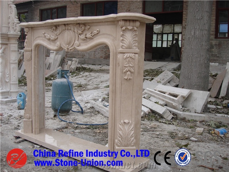 Western Style Beige Marble Fireplace,China Natural Marble Fireplace,Sculptured Fireplace, Modern Style Fireplace