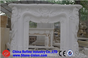 Western Style Marble Fireplaces, White Marble Fireplace,Flower Handcarved Fireplace Mantel / Fireplace Hearth