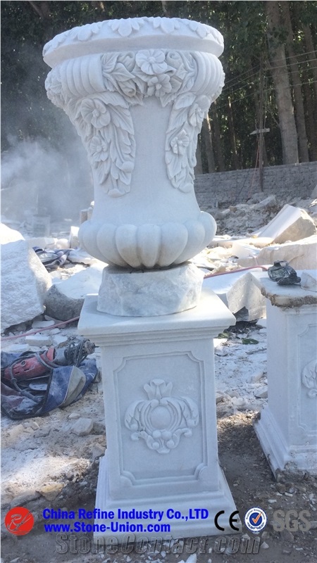 White Grainte Round Planter Pots,Granite Carved Flower Pot
