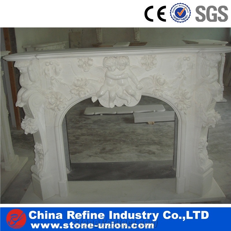 White Marble Fireplace With Human Statue Carving Sculptured