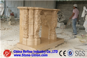 Yellow Marble Carved Indoor Fireplace Mantel,Western Style Indoor Yellow Natural Marble Design Ideas Fireplace