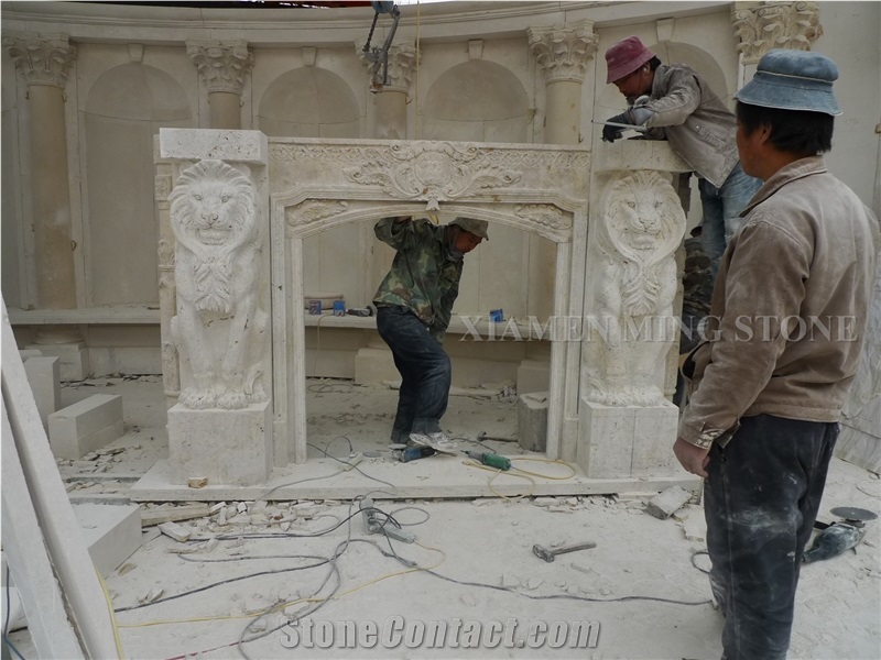 Cream Limestone Handcarved with Lion Post Fireplace Mantel,Western Style Fireplace Health Covering