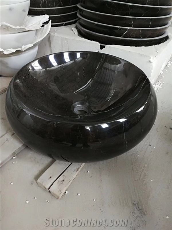 Black Marble Round Sink Black Marquina Wash Bowls for Bathroom