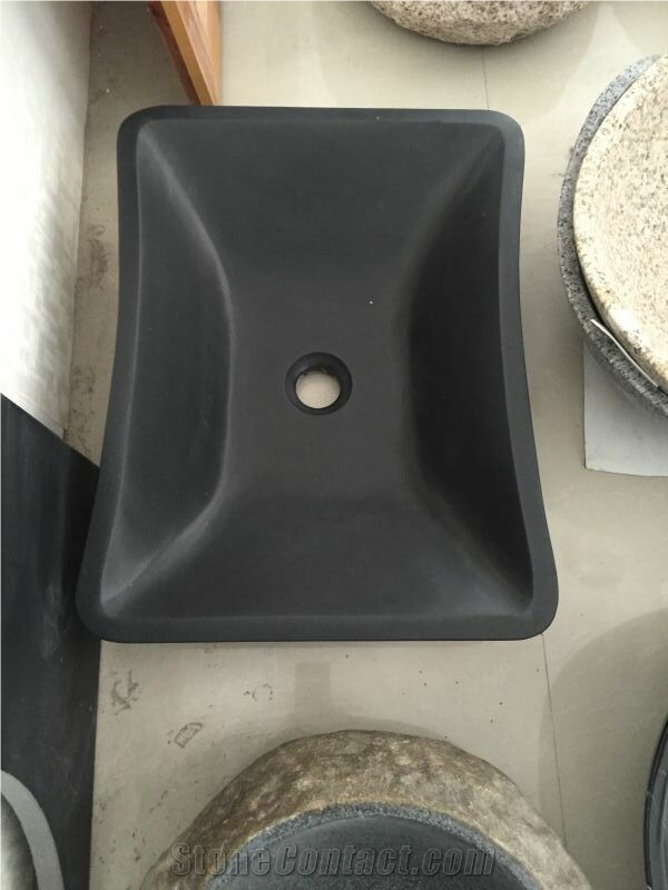 Black Stone Vessel Sink Black Basalt Stone Basin for Bathroom