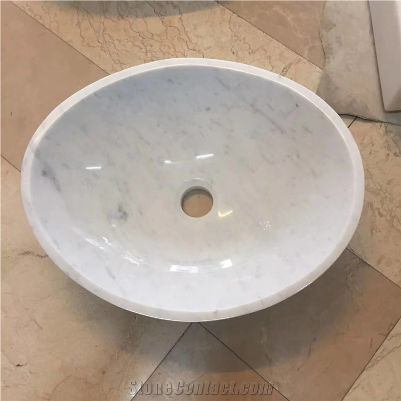 White Marble Oval Basin Carrara Marble Sink for Bathroom