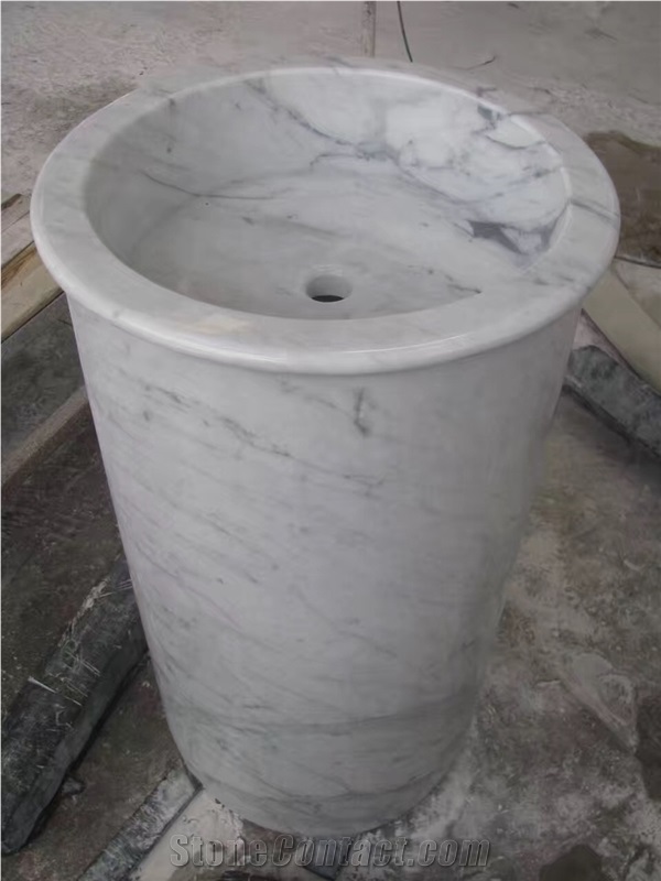 White Marble Pedestal Basins,Carrara White Marble Polished Sinks,One-Piece Wash Basin for Indoor and Outdoor Decoration