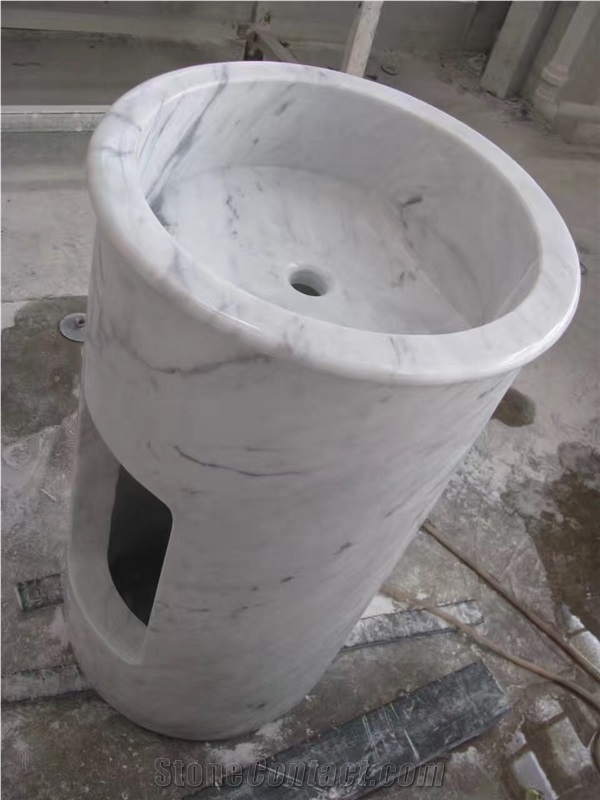 White Marble Pedestal Basins,Carrara White Marble Polished Sinks,One-Piece Wash Basin for Indoor and Outdoor Decoration