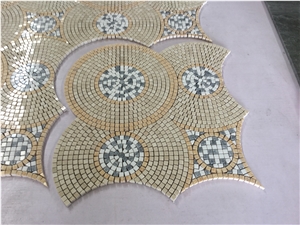Cream Marfil, Light Emperador, White Marble Polished Basketweave Mosaic Designs, Water Jet Tiles for Wall Floor, Irreqular Patter Medallions Hand-Made