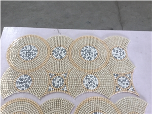 Cream Marfil, Light Emperador, White Marble Polished Basketweave Mosaic Designs, Water Jet Tiles for Wall Floor, Irreqular Patter Medallions Hand-Made