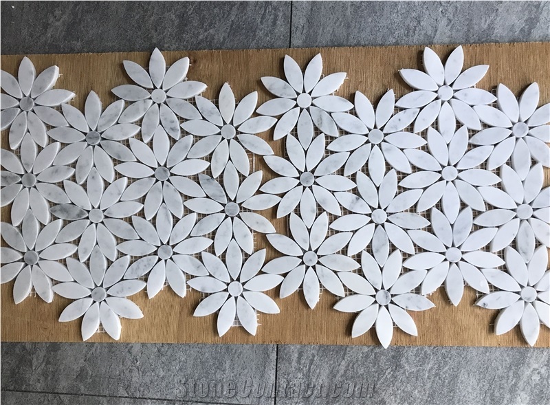 Italian Bianco Carrara White Grey Marble Polish Mosaic Design, Chrysanthemum Flower Natural Stone Floor Wall Tiles Decorate on Sale from China Factory