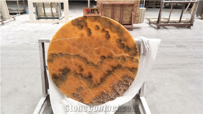Led Light Transparent Natural Stone Brown Yellow Onyx Round Table Work Tops for Hotel& Villa&Restaurant Furniture Reception Desk Luxury Design Special