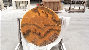 Led Light Transparent Natural Stone Brown Yellow Onyx Round Table Work Tops for Hotel& Villa&Restaurant Furniture Reception Desk Luxury Design Special