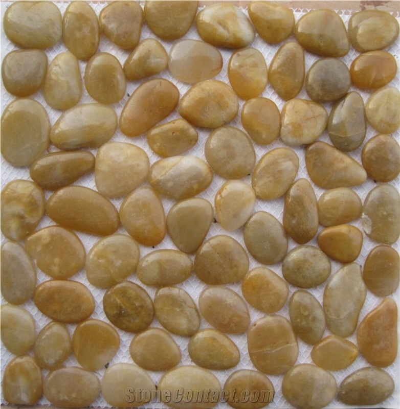 Polished Yellow Color Pebble Mosaic/Natural River Stone Tumble Flat Wall Floor Tiles in Mesh/Bathroom&Kitchen/Interior Decorate/Foot Massage/Swim Pool