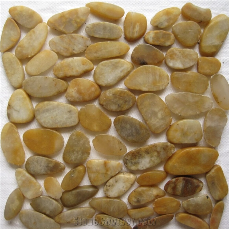 Polished Yellow Color Pebble Mosaic/Natural River Stone Tumble Flat Wall Floor Tiles in Mesh/Bathroom&Kitchen/Interior Decorate/Foot Massage/Swim Pool