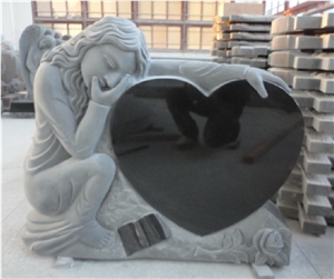 China Factory Handcarved Winged Angel Headstone for Sale, Black Granite Angel Hold the Heart Monuments and Tombstones