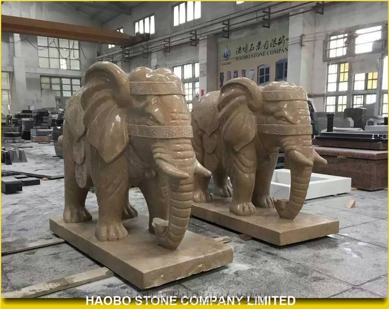 China Factory Yellow Marble Statue, Golden Net Marble Hand Carved Elephant Sculpture Outdoor Decoration, Large Animal Stautes