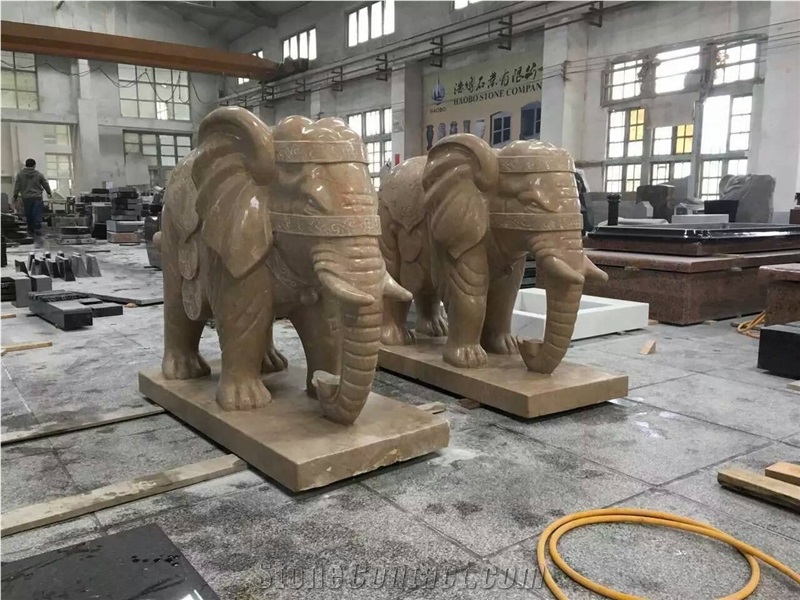 China Factory Yellow Marble Statue, Golden Net Marble Hand Carved Elephant Sculpture Outdoor Decoration, Large Animal Stautes