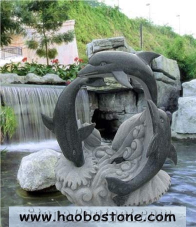 China Manufacture Padang Dark Grey Grainte G654 Dolphin Animal Carving Sculpture Fountains, Dolphin Water Features