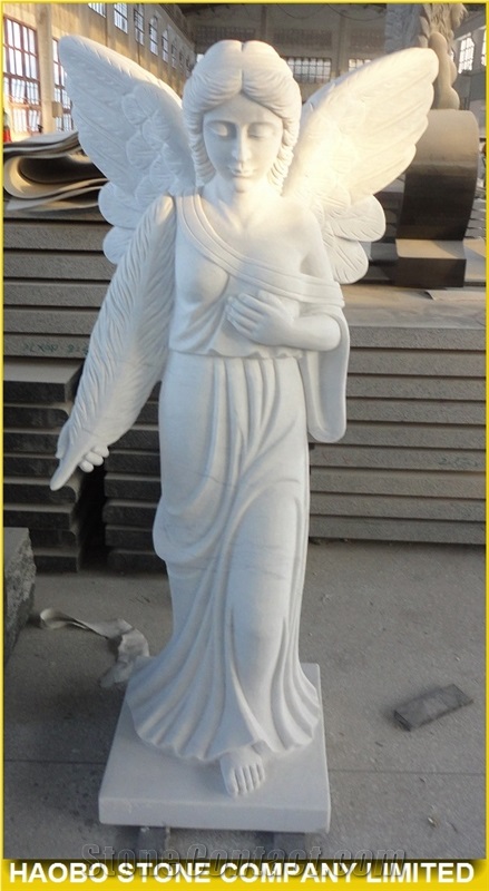 China Manufacturer Oriental Pure White Marble Angel with Wings Statues, Handcarved Religious Maria Sculptures for Cemeteries