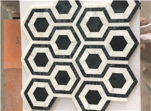 White Mixed Black Mosaic Tile, Hexagon Mosaic Tile, Flooring and Wall Mosaic Tile, Marble Stone Mosaic Tile, Mosaic Pattern for Sale