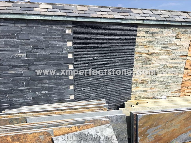 Black Cultured Stone for Wall Cladding, Stacked Stone