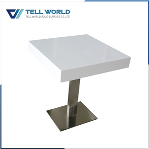 Acrylic Solid Surface Matte White Square Design Cafe Table with Stainless Steel Base