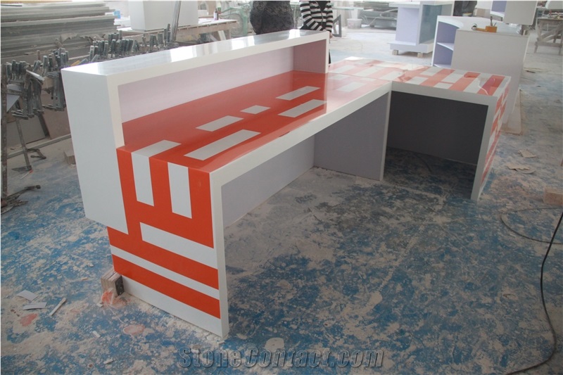 Artificial Stone Office Furniture White and Orange Modern Reception Counter