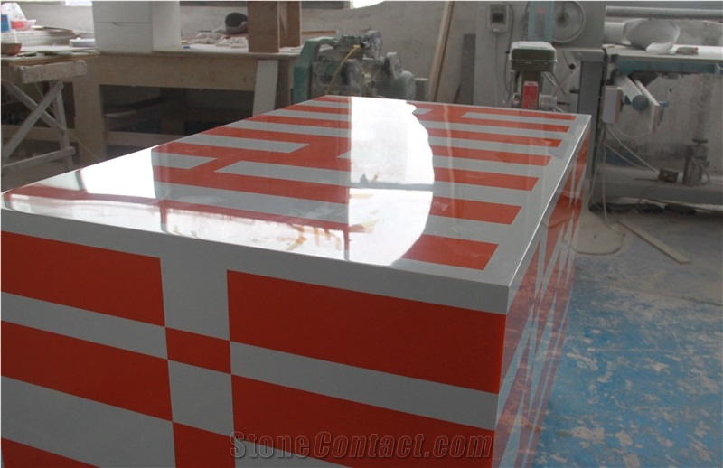 Artificial Stone Office Furniture White and Orange Modern Reception Counter