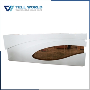 White and Wood Artificial/Composite Stone Hotel Reception Counter with Drawers Built Inside