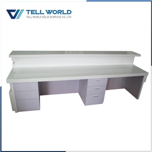 White and Wood Artificial/Composite Stone Hotel Reception Counter with Drawers Built Inside