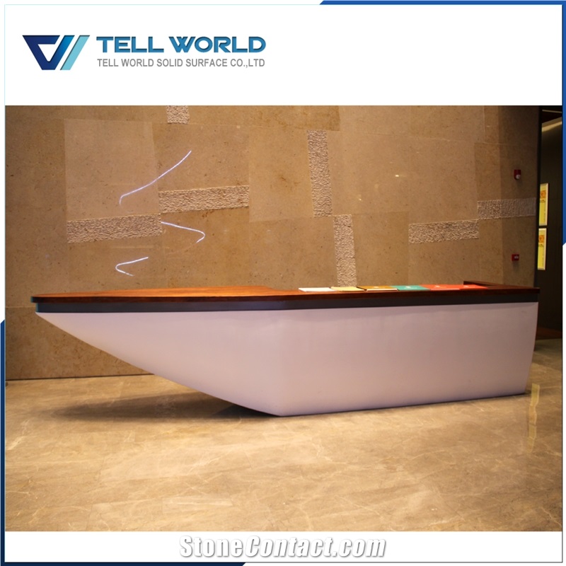 Wholesale Solid Surface Material Wood Color Boat Shape Reception Desk