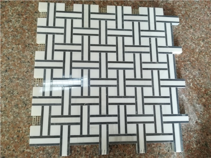China New Design Basketweave Mosaic Star White Marble with Italy Grey Marble Mosaic Tile with Cheap Price