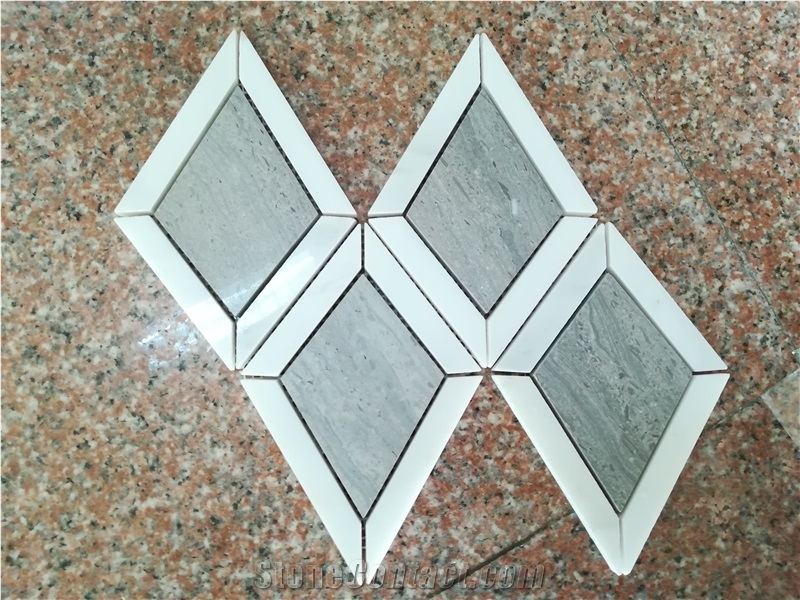 Diamond Pattern Grey Vein Marble Mosaic Surrounded with White Chipped Mosaic Good Quality Wall Mosaic