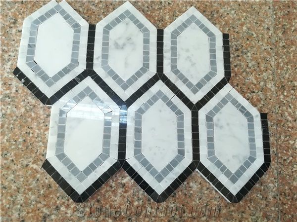 Manmade Stone Mosaic Pattern Hexagon Carrara White Marble Manmade Stone Mosaic Pattern Hexagon Carrara White Marble Italy Grey Nero Marquino Floor Tile Wall