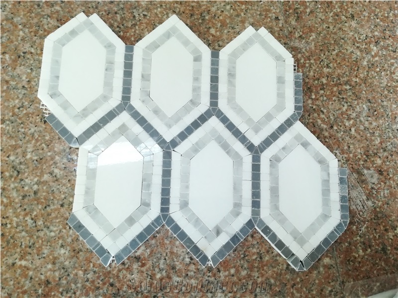 Marble Hexagon Mosaic Make Of Square Chipped Mosaic Carrara White Marble Mosaic , Italy Grey Marble Mosaic, China White Marble Mosaic Tile