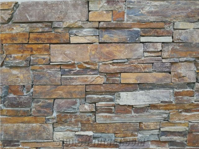 Rusty Slate Culture Stone Cement Ledge Stone Panel + Brown Culture Stone Veneers, Stacked Stone Wall, Natural Rough Ledge Stone Wall Cladding Corner