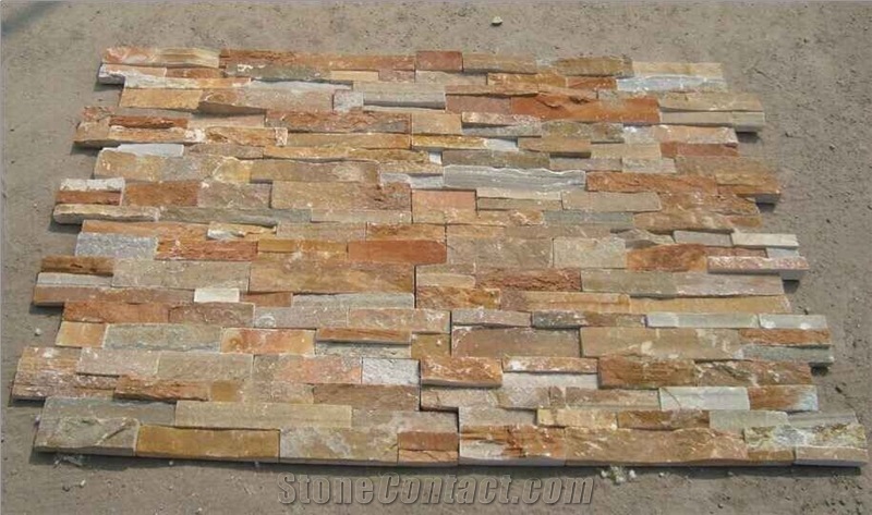 Yellow Wood Slate Rough Culture Stone, Ledge Stone,Stacked Stone, Wall Cladding Tile,Veneer,Z Shape, Interlocked,Beige Slate and Corners