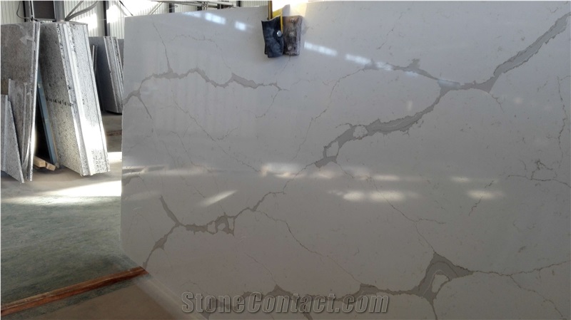 A Quality Calacatta White Marble Look Quartz Stone Solid Surfaces Polished Slabs Tiles Engineered Stone Artificial Stone Slabs for Hotel Kitchen