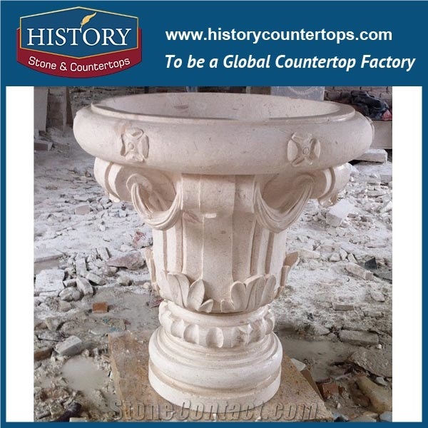 Beautiful Beige Limestone Natural Stone Carving Floral Planter Stands for Sale, Indian House Main Gate Flowerpots Designs for Garden
