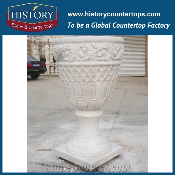 Beautiful Stone Flowerpots Molds Bases, Outdoor Garden Accessory Designs Natural White Marble Flat Flowerpots Display Stands, Planters Boxes