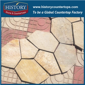 Beige Color Random Sandstone Flagstone on Mesh, Flagstone Paving and Floor Tiles, Building Stone