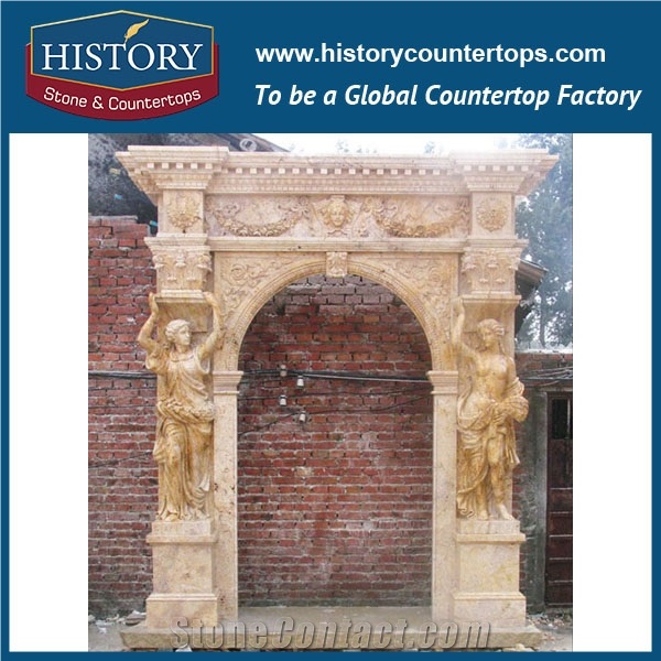 Beige Cream Marfil Marble Stone Carved Roman Column Arch Door Surround, Main Gate Front Entrance Door Frame Designs