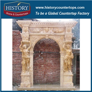 Beige Cream Marfil Marble Stone Carved Roman Column Arch Door Surround, Main Gate Front Entrance Door Frame Designs