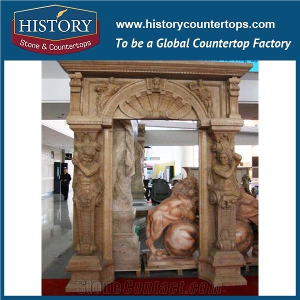 Beige Figure Carving Marble Stone Freestanding Door Surrounds Luxury Roman Style, House Exterior Door Frames for Sale