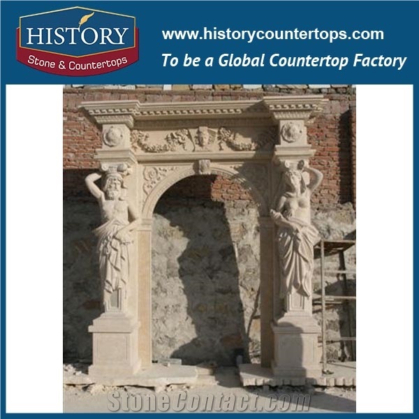 Beige Figure Carving Marble Stone Freestanding Door Surrounds Luxury Roman Style, House Exterior Door Frames for Sale