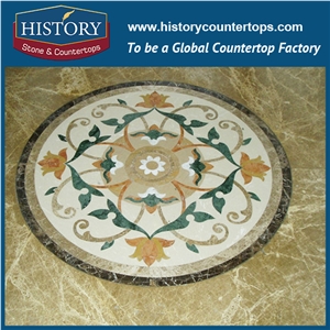 Bianco Carrara, Dark Emperador, Inca Gold Stone Marble, Water Jet Cutter Mosaic Artistic Tiles Designs Round Floral Interior Floor Inlay Medallions